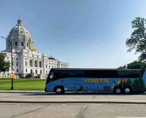 A charter bus parked in front of the Minnesota State Capitol in St. Paul, Minnesota.