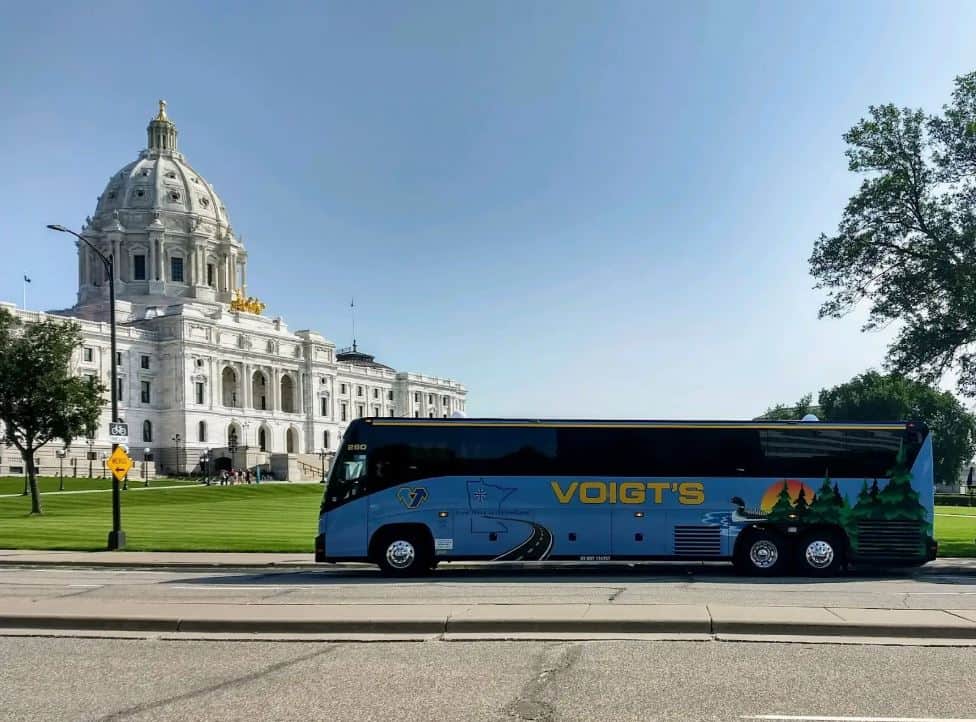 A charter bus parked in front of the Minnesota State Capitol in St. Paul, Minnesota.